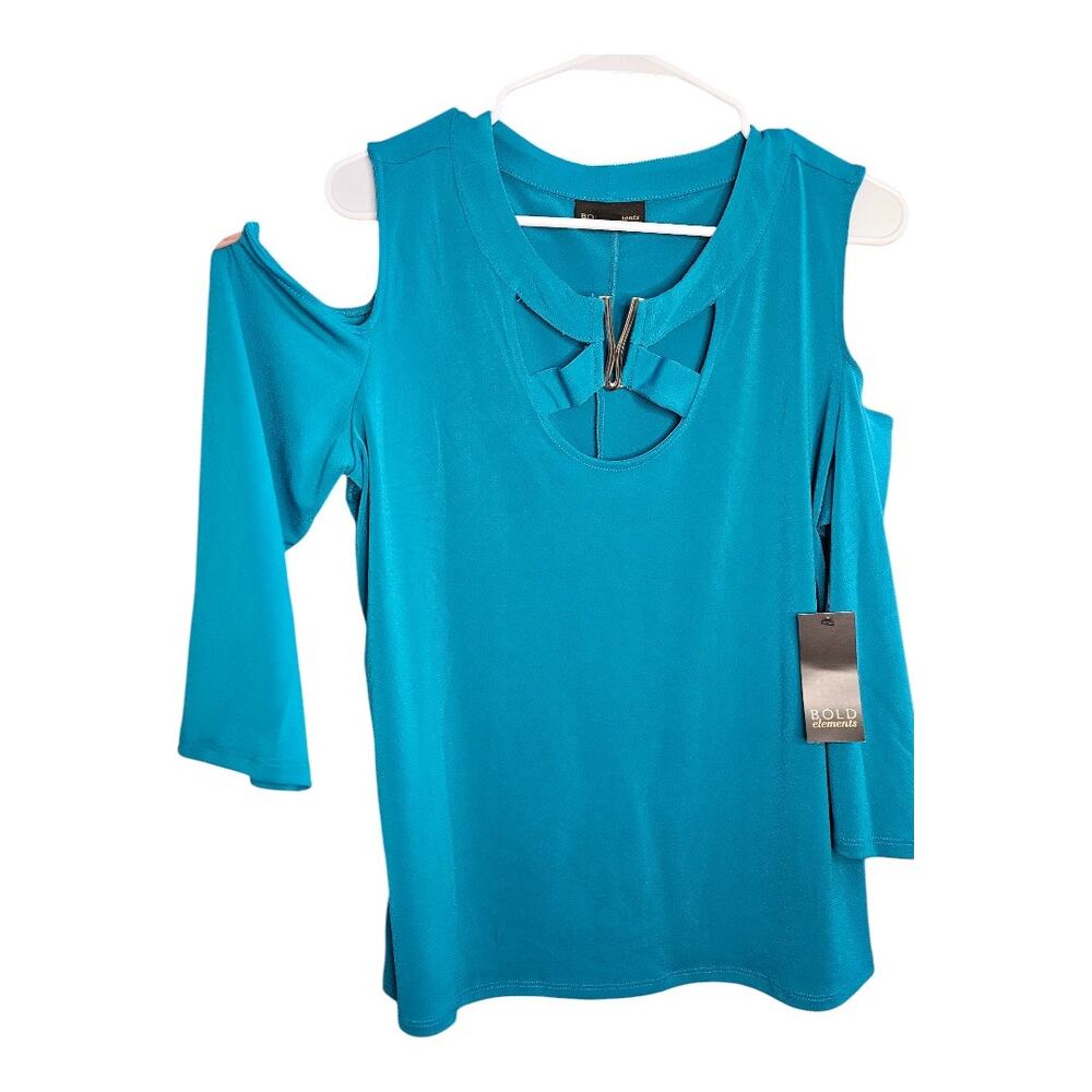 NEW Bold Elements Women's Keyhole Neck 3/4 Sleeve Blouse in Aqua Blue (Size: XL)